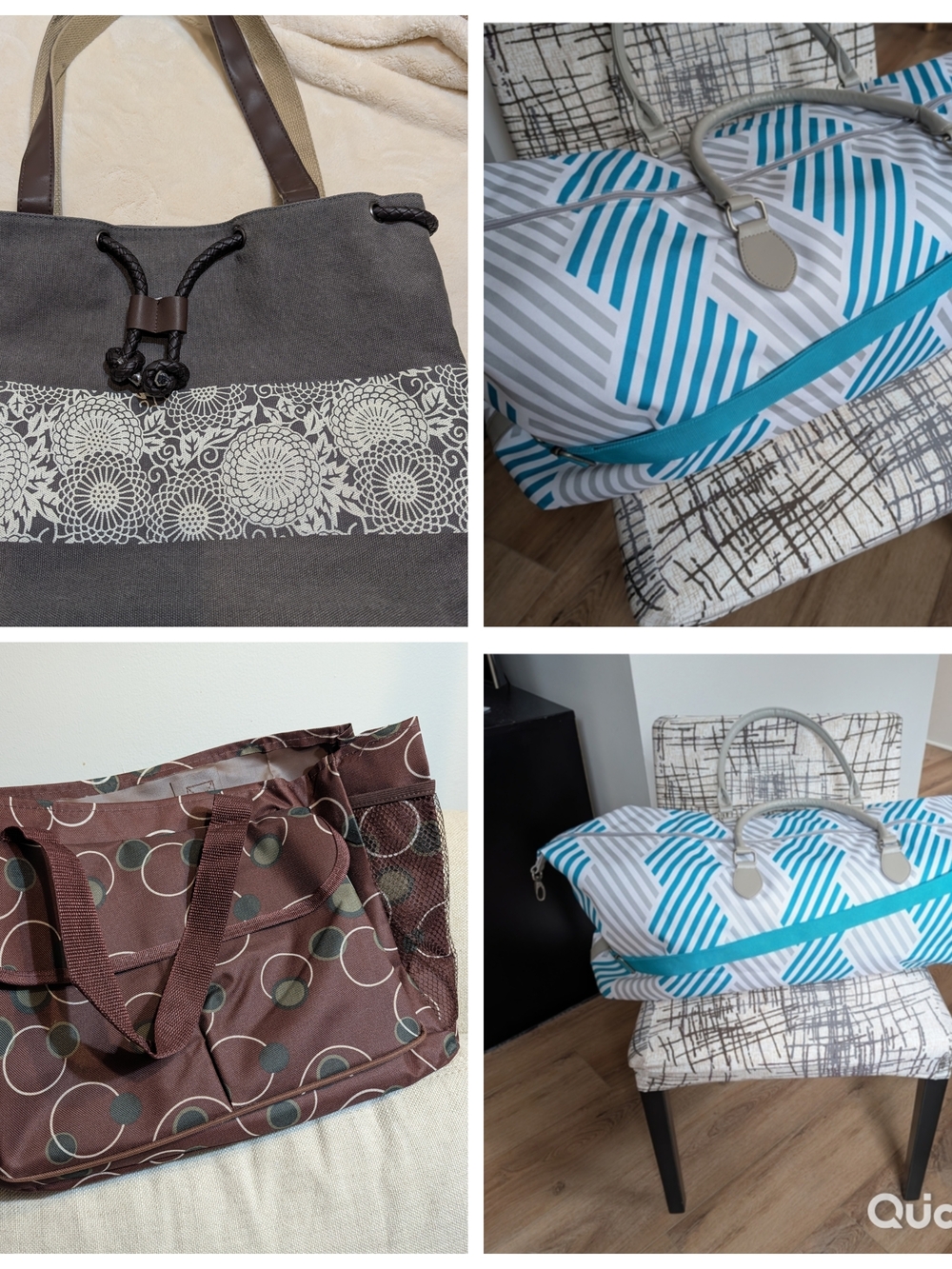 Bundle Of Three Assorted Tote and Travel Bags - Gray, Brown, Teal/White